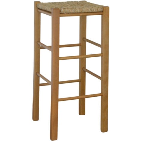 Sgabello legno con seduta quadrata in paglia h 70 cm noce chiaro gambe dritte