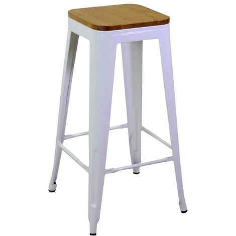 Sgabello New Bristol 42x42xh76 cm in Ferro Bianco Antico con seduta in Legno