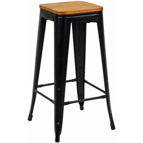 Sgabello New Bristol 42x42xh76 cm in Ferro Nero con seduta in Legno