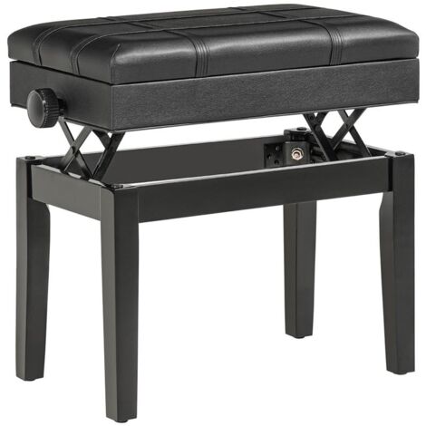 SGABELLO PER PIANOFORTE CON ALTEZZA REGOLABILE E CONTENITORE IN LEGNO E FINTA PELLE. 63X35X46-56CM. NERO