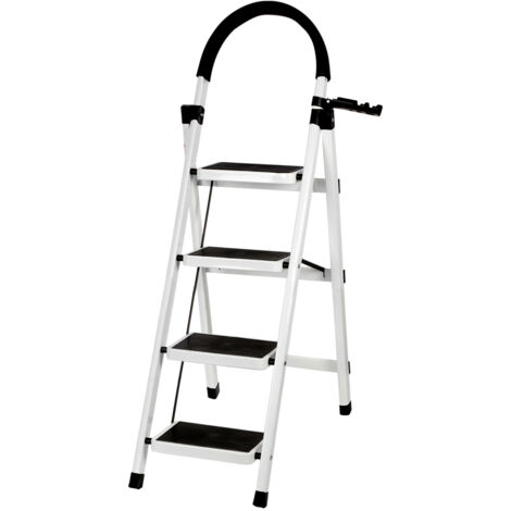 Sgabello pieghevole con scala a 4 gradini, in acciaio al carbonio, 133x74x39 cm, bianco