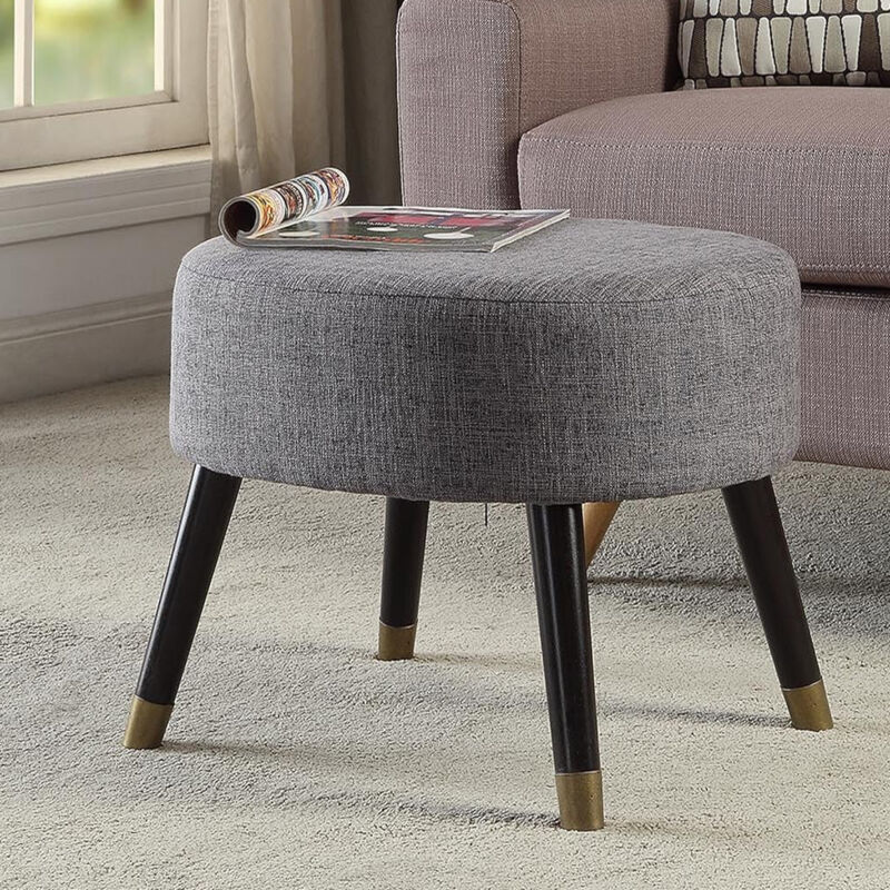 Sgabello Pouf In Tessuto Grigio Gambe In Legno Poggiapiedi Imbottit...