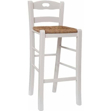 Sgabello snack bianco con schienale altezza 67 cm con manico seduta in paglia
