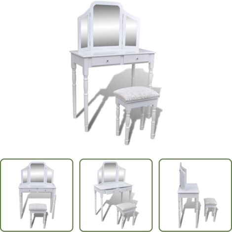 Sgabello -  Toletta 3-in-1 con Specchio Sgabello e 2 Cassetti Bianca