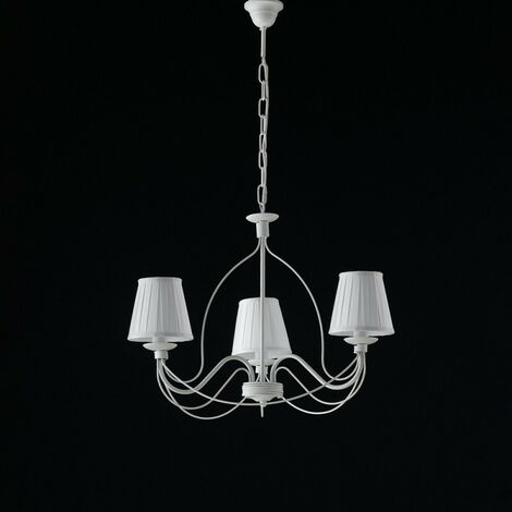 Shabby weißer Eisen-Kronleuchter drei Lichter weiße Lampenschirme 53x h43 cm