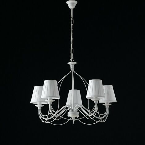 Shabby weißer Eisen Kronleuchter fünf Lichter weiße Lampenschirme 69x h45 cm