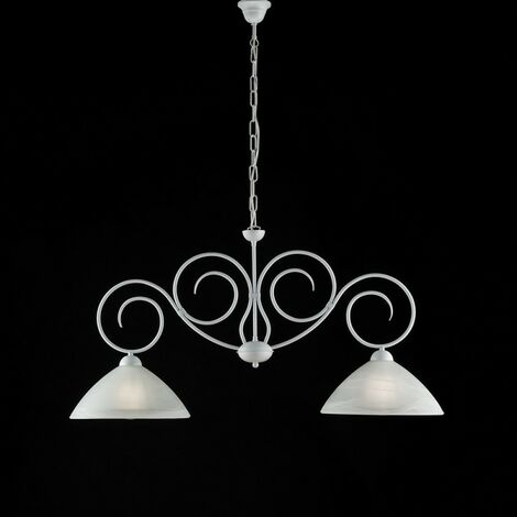 Shabby weißer Eisen-Kronleuchter zwei Lichter weißes Glas Lampenschirme 99x h52 cm