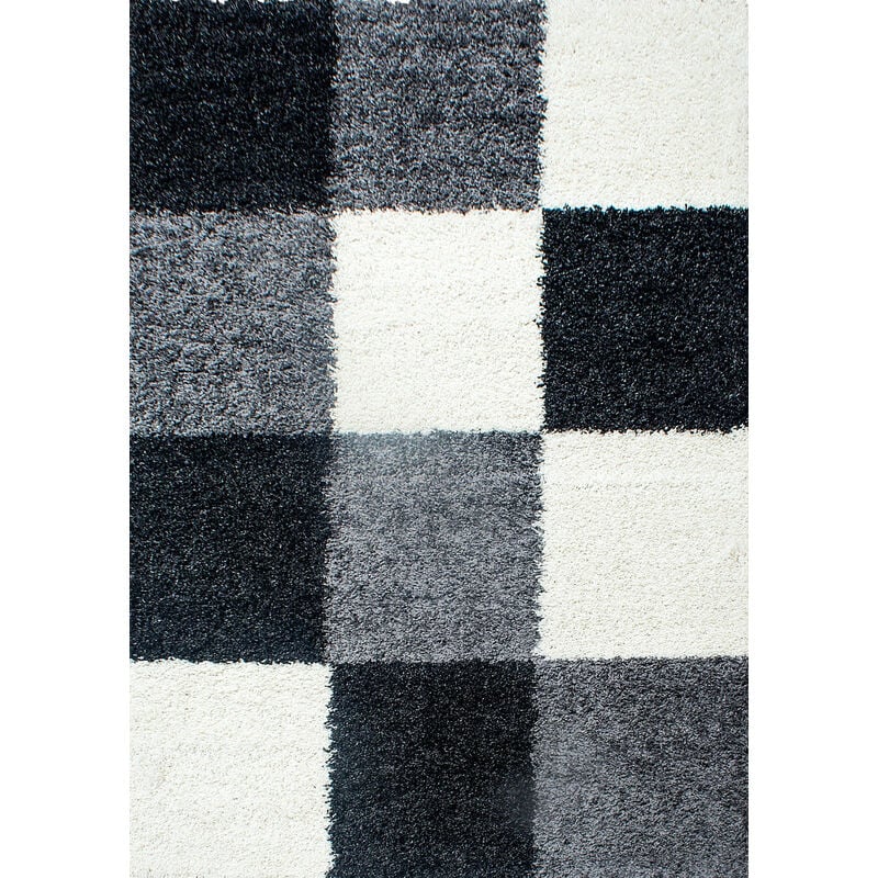 Life - Tapis Shaggy Poils Longs Motifs Carreaux (Noir / Gris / Blanc - 80x250cm)