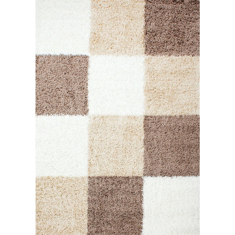 Life - Tapis Shaggy Poils Longs Motifs Carreaux (Beige / Blanc / Mocca - 80x250cm)