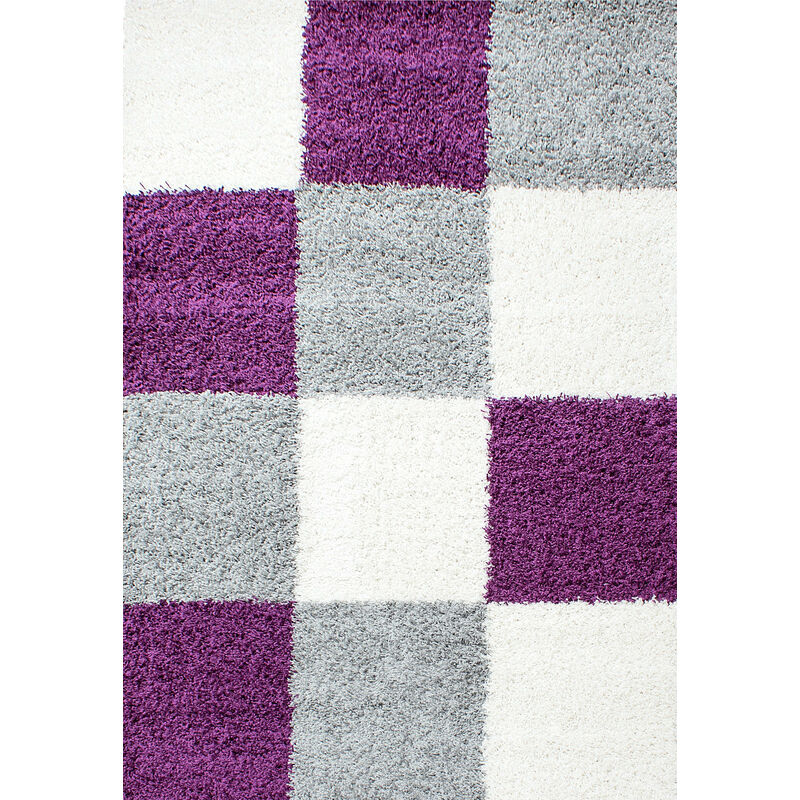 Life - Tapis Shaggy Poils Longs Motifs Carreaux (Gris / Blanc / Violet - 80x250cm)