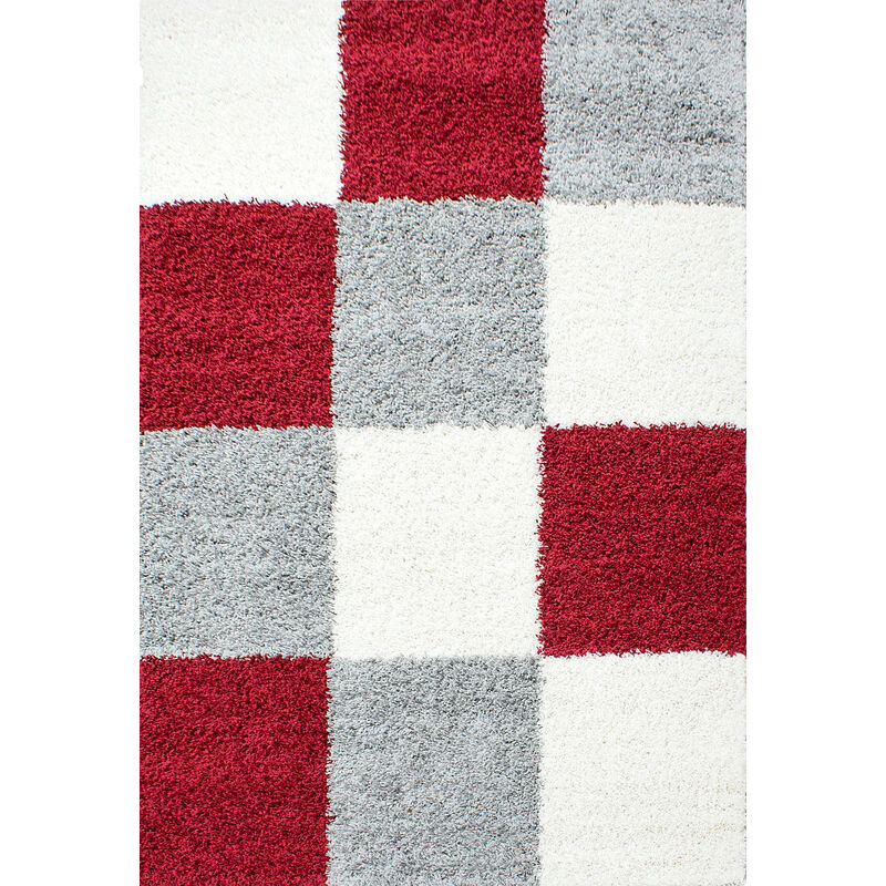 Tapis Shaggy Poils Longs Motifs Carreaux (Gris / Blanc / Rouge - 80x150cm)