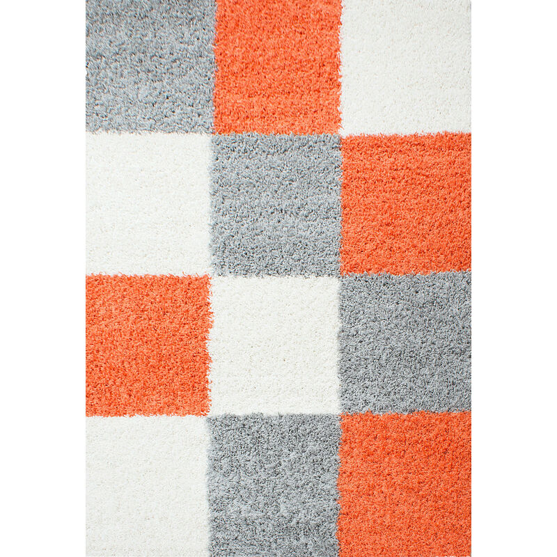 Tapis Shaggy Poils Longs Motifs Carreaux (Gris / Blanc / Terracotta - 160x230cm)