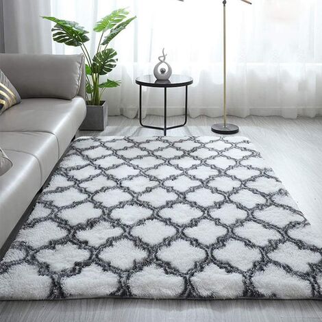 Shaggy Wohnzimmerteppich 160x230cm Weiß mit Muster - Nachttisch Langflor Teppich Weicher Teppich für Wohnzimmer Schlafzimmer Sofa