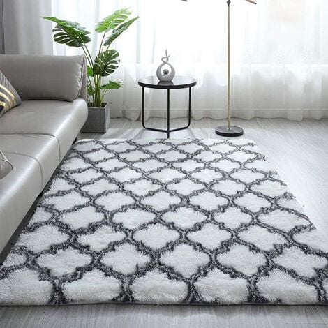 Shaggy Wohnzimmerteppich 160x230cm Weiß mit Muster - Nachttisch Langflor Teppich Weicher Teppich für Wohnzimmer Schlafzimmer Sofa