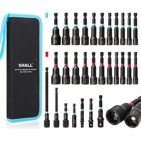 SHALL TOOL SHALL Lot de 29 tourne-écrous magnétiques, perceuse à percussion à tige hexagonale 1/4", tourne-écrous SAE et métriques en acier Cr-V avec rallonges à dégagement rapide, porte-embouts et sac de rangem