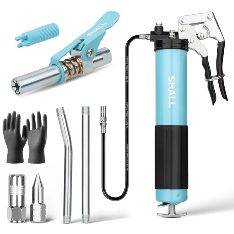 SHALL Pistolet à graisse, kit de pistolet à graisse robuste 7 000 PSI avec coupleur de pistolet à graisse, buse pointue, nettoyeur de raccords Charge