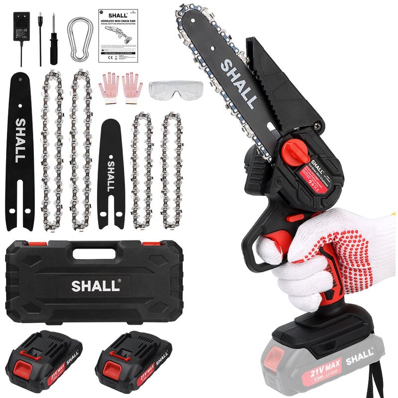 Shall Mini tronçonneuse / tronçonneuse électrique portable, 21 Volt, 2000 mAh, 2 batteries, 4 chaînes, rouge,Tronçonneuse à batterie