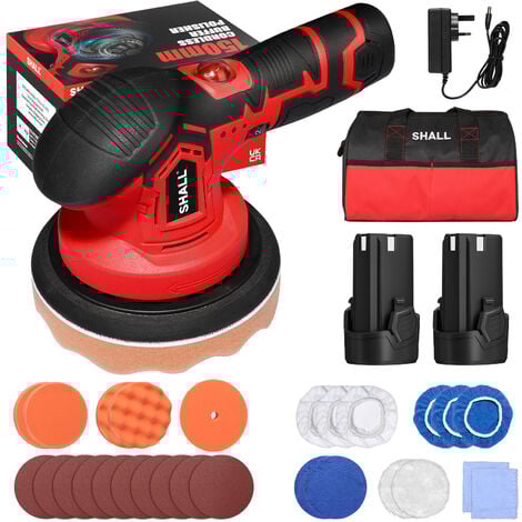 SHALL-polisseuse de tampon de voiture sans fil-Kit de machine de polissage de cire portable de 6 pouces, 2500-5000 tr/min, 6 vitesses variables, kit de polissage de voiture 27 pièces, pour les détails