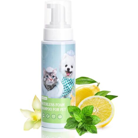 Shampoing mousse sèche pour chiens, chats et lapins, adapté aux animaux à faible résistance, lavage sans eau ni rinçage 250 ml