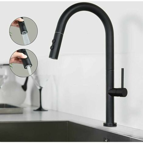 SHANFO Robinet de cuisine noir, mitigeur de cuisine avec douchette extractible, mitigeur d'évier pivotant à 360° avec 2 modes de pulvérisation, robinet de cuisine moderne à levier unique KB01E