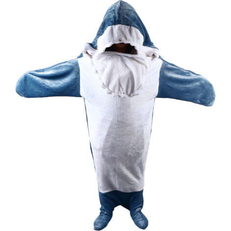 Shark Schlafsack aus weichem Flanell mit Kapuze für Erwachsene – Bequeme Decke für Damen und Herren – Größe M (17 x 10,5 cm)