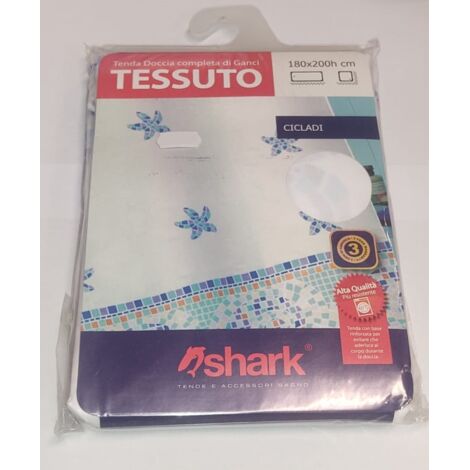 SHARK - TENDA DA DOCCIA COMPLETA DI GANCI IN TESSUTO LINEA CICLADI 180x200h cm - COLORE BIANCO CON DECORAZIONI
