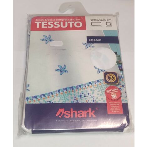 SHARK - TENDA DA DOCCIA COMPLETA DI GANCI IN TESSUTO LINEA CICLADI 180x200h cm - COLORE BIANCO CON DECORAZIONI