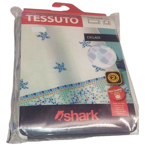 SHARK - TENDA DA DOCCIA COMPLETA DI GANCI IN TESSUTO LINEA CICLADI 240x200h cm - COLORE BIANCO CON DECORAZIONI 