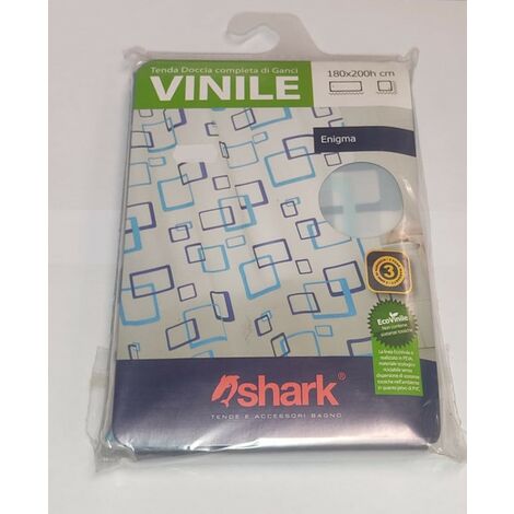 SHARK - TENDA DA DOCCIA COMPLETA DI GANCI IN VINILE LINEA ENIGMA 180x200h cm - COLORE BIANCO CON DECORAZIONI BLU