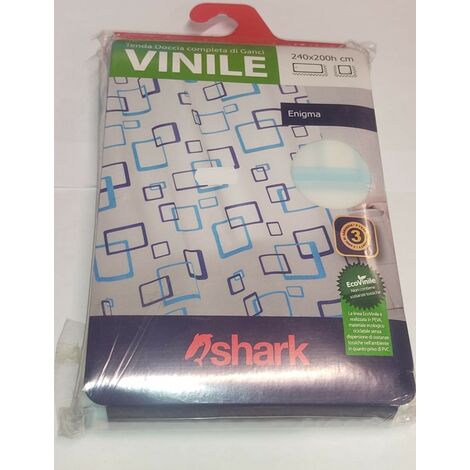 SHARK - TENDA DA DOCCIA COMPLETA DI GANCI IN VINILE LINEA ENIGMA 240x200h cm - COLORE BIANCO CON DECORAZIONI BLU