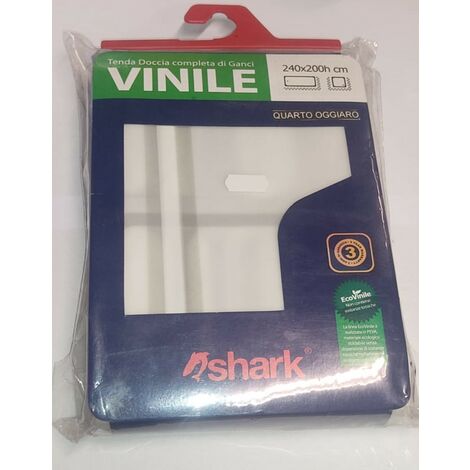 SHARK - TENDA DA DOCCIA COMPLETA DI GANCI IN VINILE LINEA QUARTO OGGIARO 240x200h cm - COLORE BIANCO CON DECORAZIONI NERE