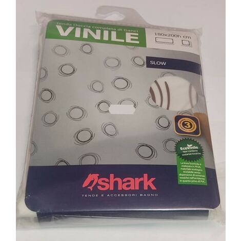 SHARK - TENDA DA DOCCIA COMPLETA DI GANCI IN VINILE LINEA SLOW 180x200h cm - COLORE BIANCO CON DECORAZIONI MARRONI