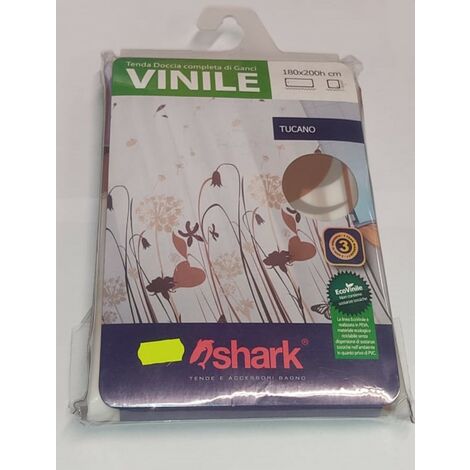 SHARK - TENDA DA DOCCIA COMPLETA DI GANCI IN VINILE LINEA TUCANO 180x200h cm - COLORE BIANCO CON DECORAZIONI MARRONI
