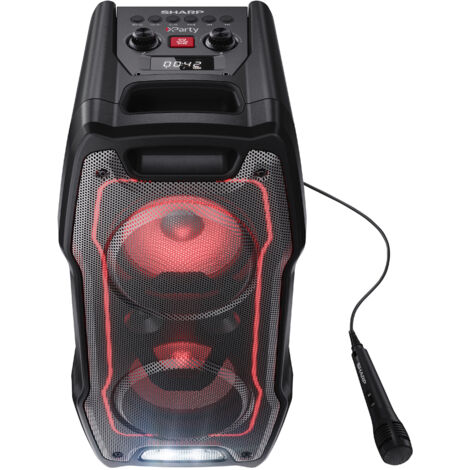 SHARP PS-931 Party-Lautsprecher, Mikrofon, TWS, Bluetooth, 2 x USB, 2 x 6,3 mm Anschlüsse für Mikrofon und Gitarre, mehrfarbige Beleuchtung, 180 W max. Leistung, integrierte Lithium-Batterie mit bis z