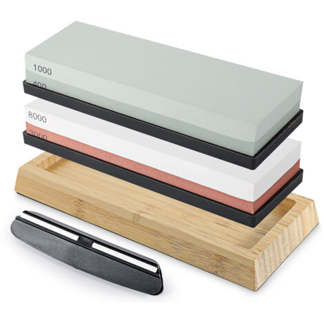 Sharpening Stones 400 1000 3000 8000 4 Side Knife Sharpeners Whetstones Corundum Knife Sharpening Stone with Angle Guide Non-Slip Bamboo Base Ideal Wet Stone for Sharpening Knives