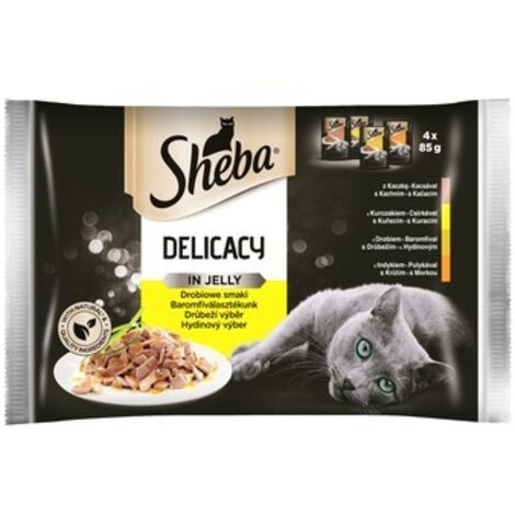 Sheba Delicacy en gelatina, colección para adultos con sabores a pollo, alimento húmedo para gatos (4 x 85 g).