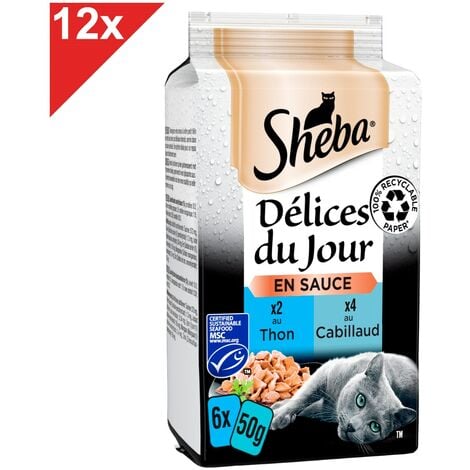 SHEBA Délices du Jour 90 Sachets thon cabillaud en sauce pour chat 50g (15x6)