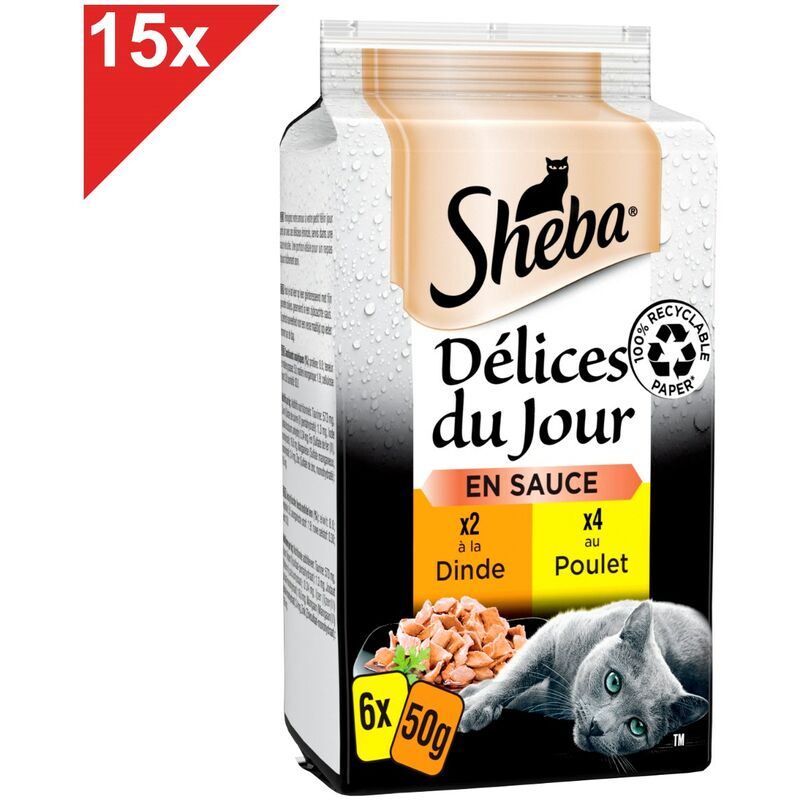 Délices du Jour 90 Sachets poulet dinde en sauce pour chat 50g (15x6) - Sheba