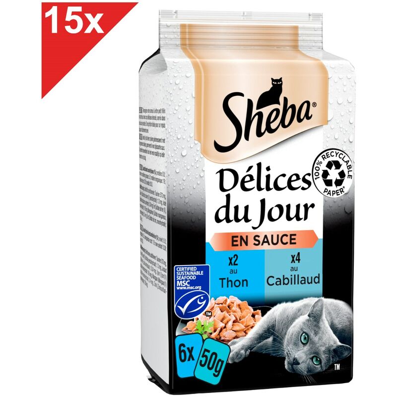 Délices du Jour 90 Sachets thon cabillaud en sauce pour chat 50g (15x6) - Sheba