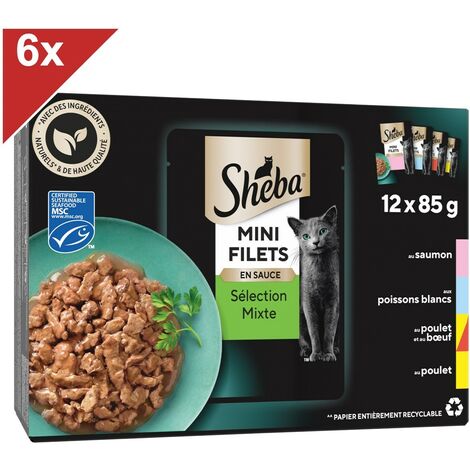 SHEBA Mini Filets 72 Sachets fraîcheur coffret mixe sauce pour chat 85g (6x12)