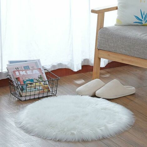 Sheep Faux Fur Rug, Super Soft Faux Fur Decorative Rug Faux Lambskin Rug Ruffled Fur Effect Rug Faux Wool Sofa Rug (White Round) -60cm
