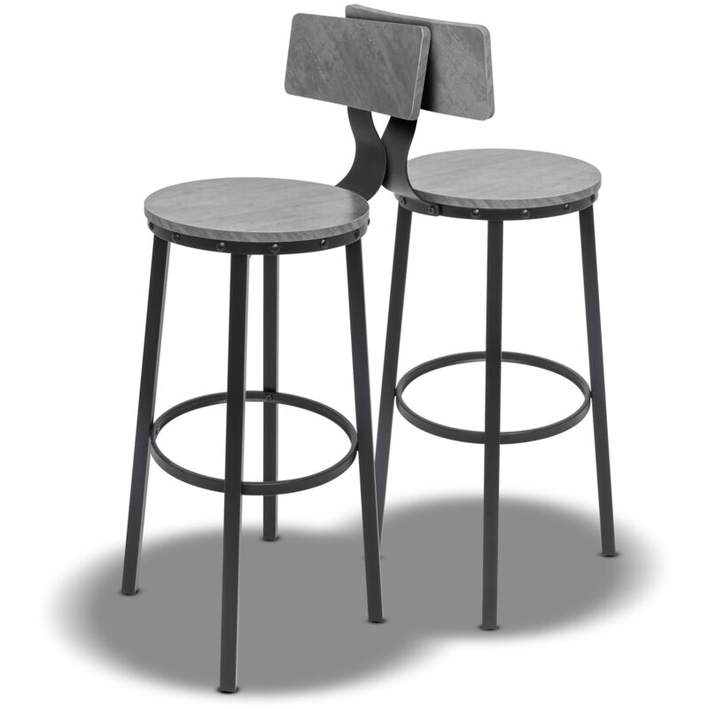 Frankystar - Shelby - Lot de 2 tabourets hauts, tabouret de bar avec dossier de style industriel, bois gris