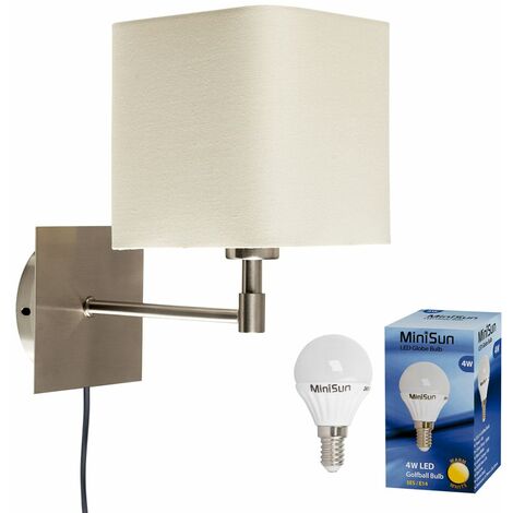 main image of "Sheldon Brushed Chrome Plug In Wall Light+ Globe LED Bulb - Cream"