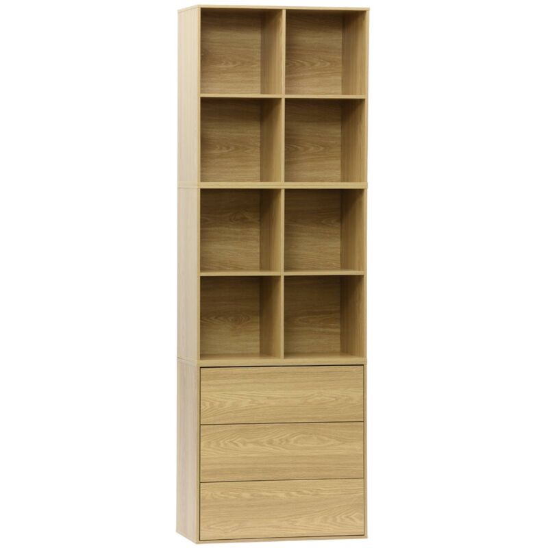 Sweeek - Shelf, Modular Bookcase With Oak Wood Decor, 3 Elements, 3 Drawers, 8 Niches, L 70 X P 35 X H 210cm, Kompo