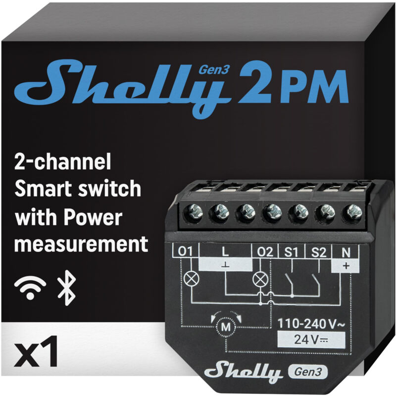 2PM GEN3 - interrupteur volet roulant connecté, 2-CANAUX - 16 a, wi-fi & bluetooth, compteur de consommation intégré, app - Shelly