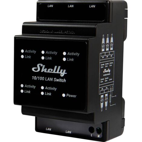 SHELLY LAN SWITCH  INTERRUPTEUR/COMMUTATEUR LAN  RÉPÉTITEUR ETHERNET  COURANT ALTERNATIF 110V - 230 V  MONTAGE SUR RAIL DIN