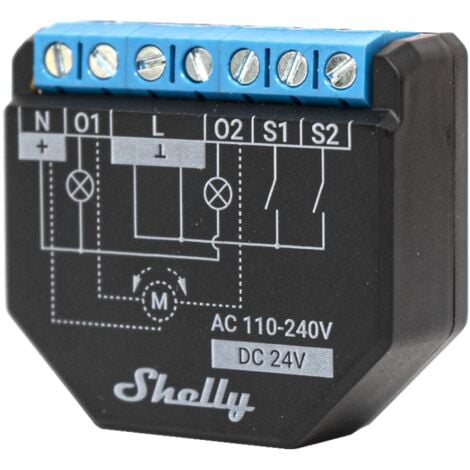 Shelly Plus 2PM interruttore Rel√® Wi-Fi a 2 canali, consente controllo di luci e interruttori o apertura e chiusura di tapparelle e misurazione della potenza rilevata, nero