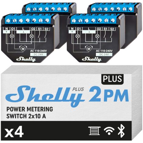 Shelly Plus 2PM packa da quattro, interruttore Rel√® Wi-Fi a 2 canali, consente controllo di luci e interruttori o apertura e chiusura di tapparelle e misurazione della potenza rilevata, nero
