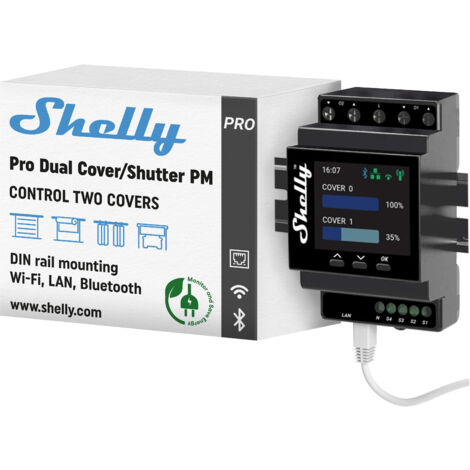 Shelly Pro Dual Cover/Shutter PM, Contrôleur connecté à double couverture, Rail DIN, Compteur électrique, Connectivité LAN, Wi-Fi et Bluetooth, Contrôle volet roulant