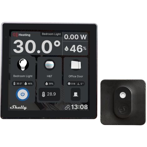 Shelly Wall Display Nero + Blu H&T Nero, Pannello di Controllo Wi-Fi Smart Home, Termostato, Relè 5A Integrato, Conduttore Neutro Richiesto, Dati Ambientali, Domotica, Alexa e Google Home